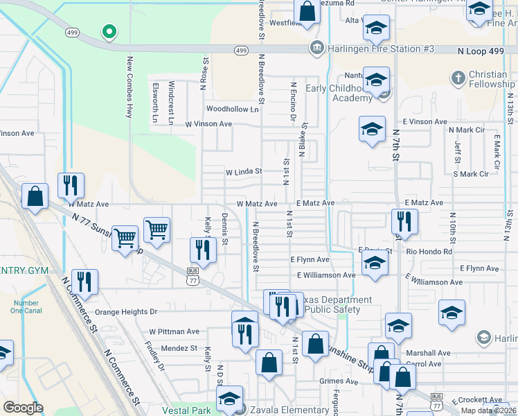 map of restaurants, bars, coffee shops, grocery stores, and more near 310 West Matz Avenue in Harlingen