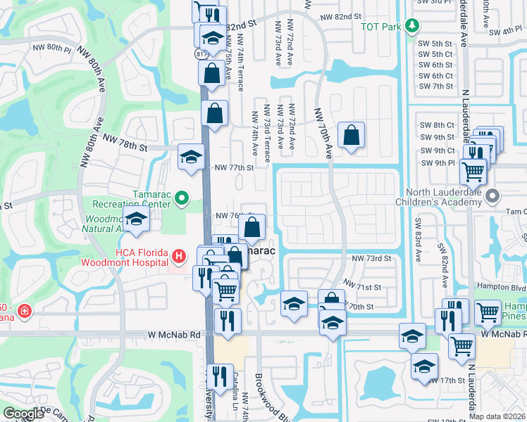 map of restaurants, bars, coffee shops, grocery stores, and more near 7620 Northwest 73rd Terrace in Tamarac