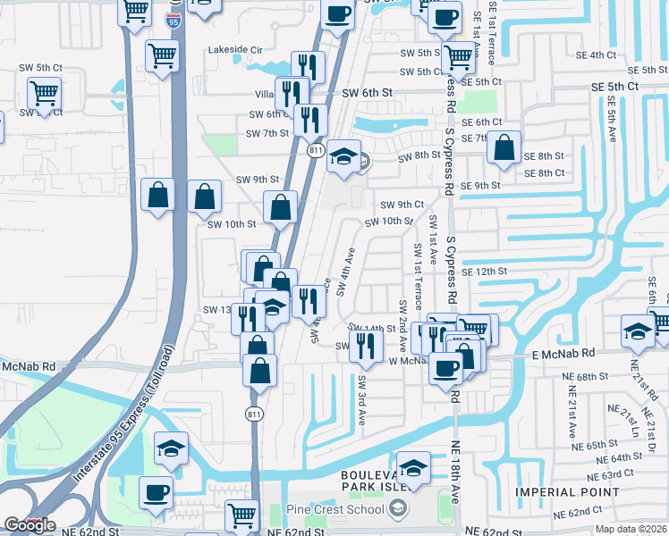 map of restaurants, bars, coffee shops, grocery stores, and more near 1101 Southwest 4th Avenue in Pompano Beach