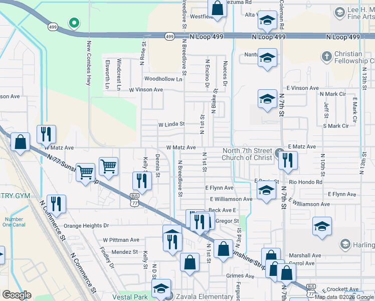 map of restaurants, bars, coffee shops, grocery stores, and more near 310 West Matz Avenue in Harlingen