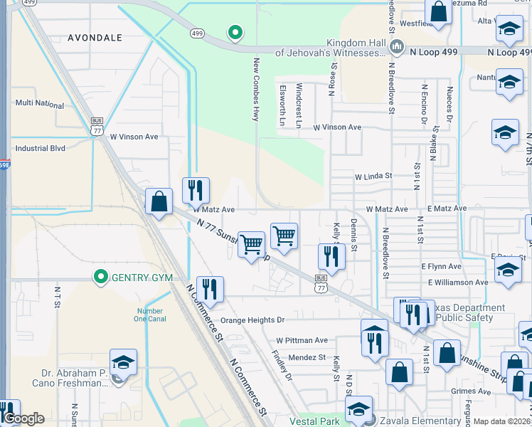 map of restaurants, bars, coffee shops, grocery stores, and more near 2701 New Combes Highway in Harlingen