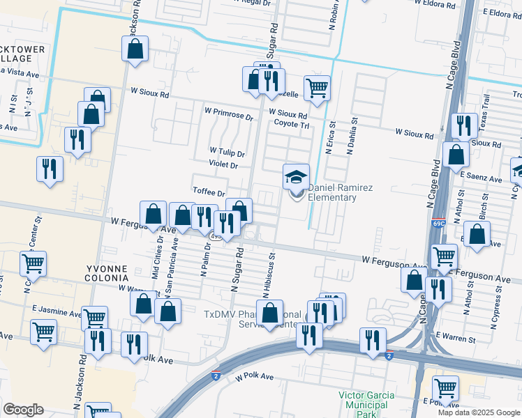 map of restaurants, bars, coffee shops, grocery stores, and more near 2103 North Paradise Drive in Pharr