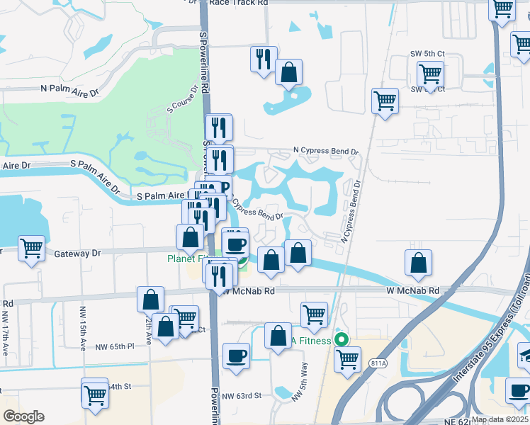 map of restaurants, bars, coffee shops, grocery stores, and more near 2313 South Cypress Bend Drive in Pompano Beach