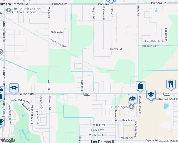map of restaurants, bars, coffee shops, grocery stores, and more near Oasis Square in Harlingen
