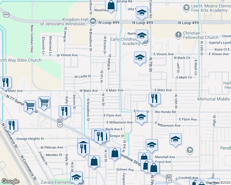map of restaurants, bars, coffee shops, grocery stores, and more near 301-319 E Matz Ave in Harlingen