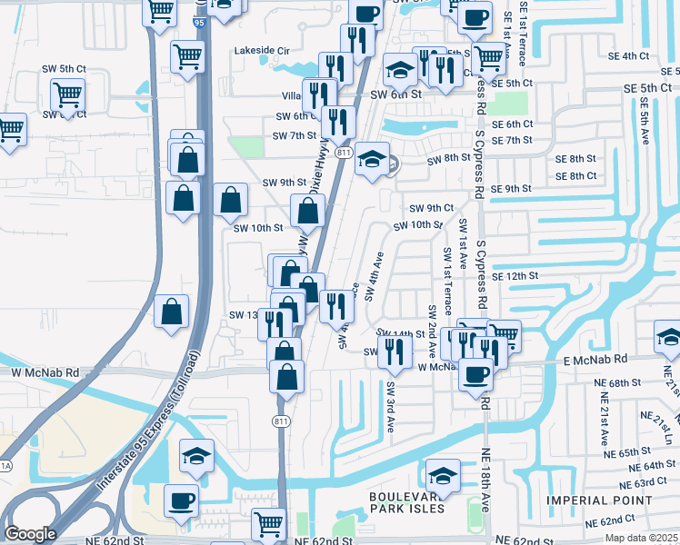 map of restaurants, bars, coffee shops, grocery stores, and more near 1201 South Flagler Avenue in Pompano Beach