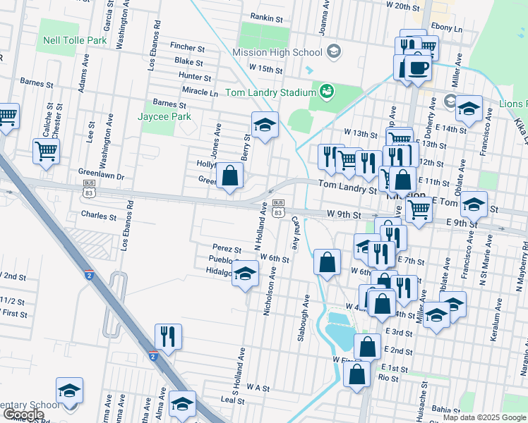 map of restaurants, bars, coffee shops, grocery stores, and more near 814 North Holland Avenue in Mission