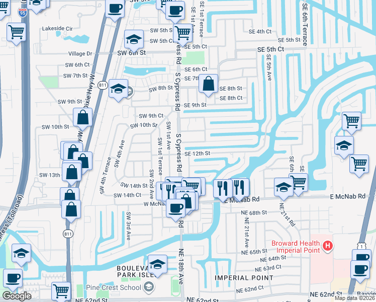 map of restaurants, bars, coffee shops, grocery stores, and more near 30 Southeast 11th Street in Pompano Beach