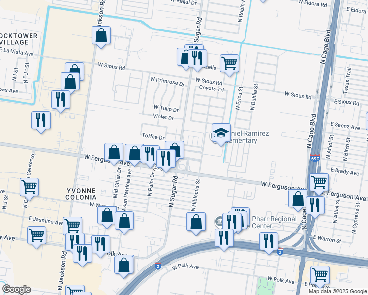 map of restaurants, bars, coffee shops, grocery stores, and more near 813 West Los Tesoros Drive in Pharr