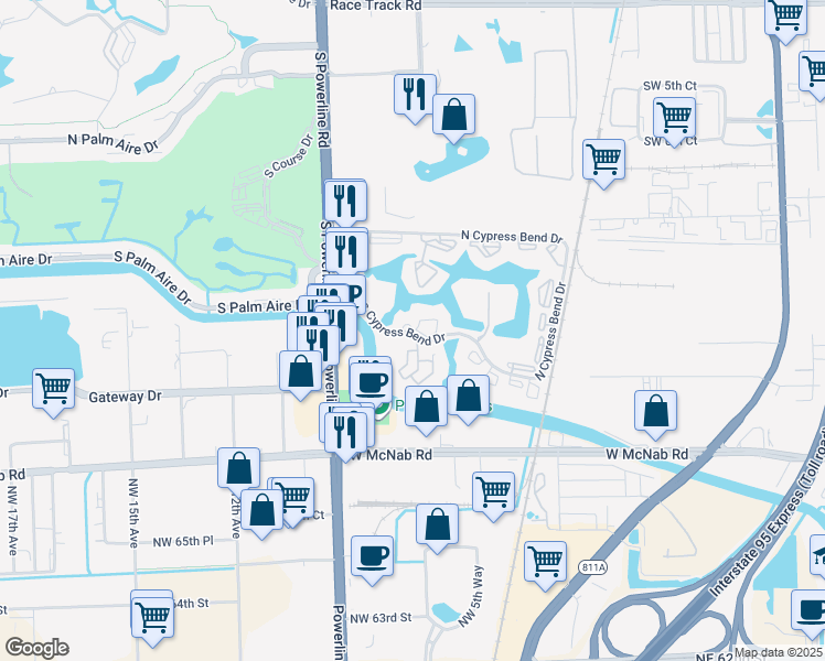 map of restaurants, bars, coffee shops, grocery stores, and more near 2313 South Cypress Bend Drive in Pompano Beach
