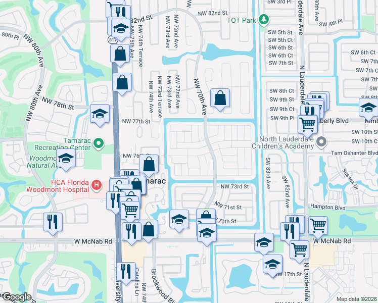 map of restaurants, bars, coffee shops, grocery stores, and more near 7209 Northwest 76th Court in Tamarac