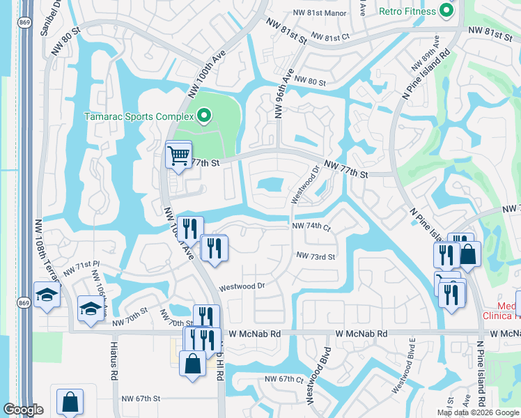 map of restaurants, bars, coffee shops, grocery stores, and more near 9722 Northwest 75th Court in Tamarac