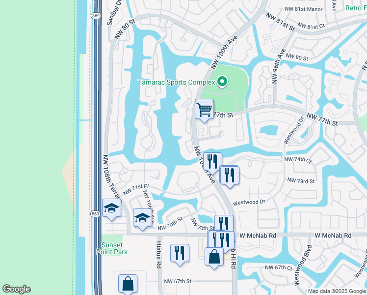map of restaurants, bars, coffee shops, grocery stores, and more near 7623 Southampton Terrace in Tamarac