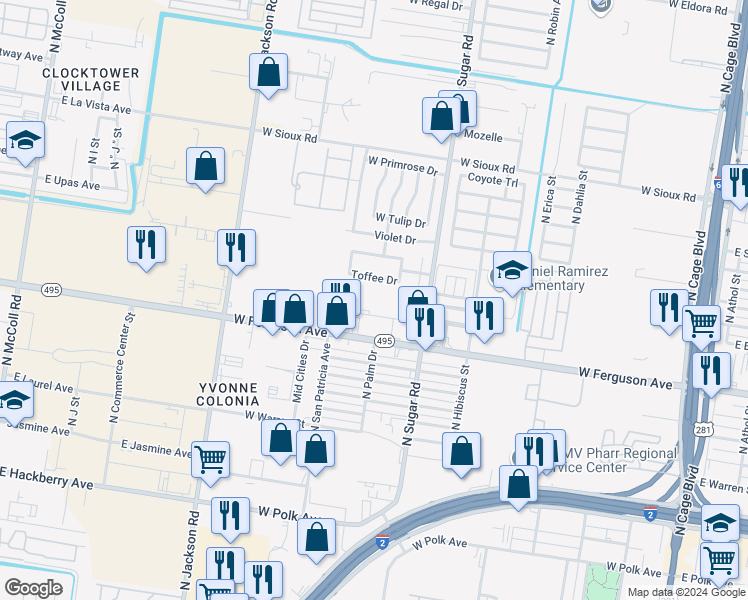 map of restaurants, bars, coffee shops, grocery stores, and more near 919 West Toffee Drive in Pharr