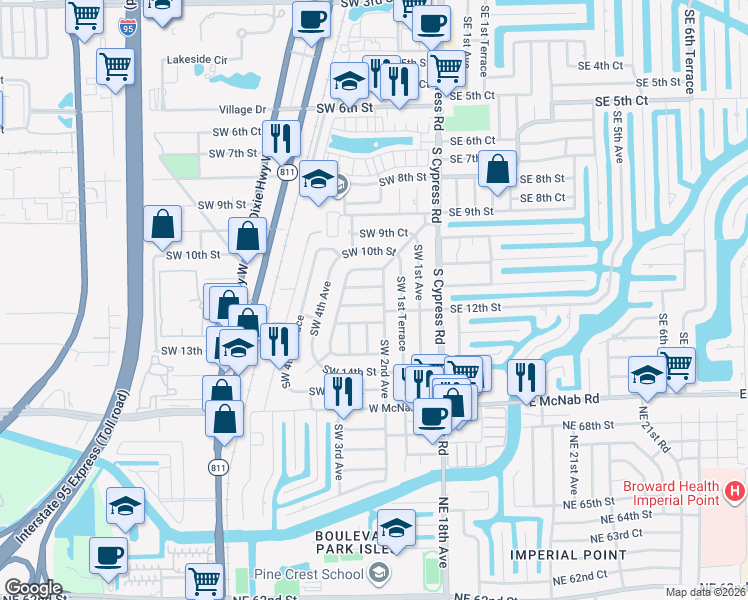 map of restaurants, bars, coffee shops, grocery stores, and more near 1112 Southwest 2nd Avenue in Pompano Beach