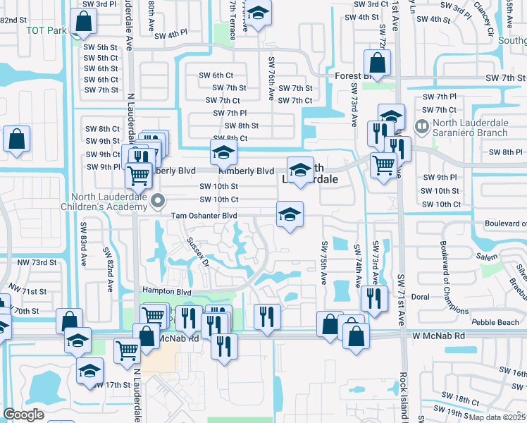 map of restaurants, bars, coffee shops, grocery stores, and more near 7630 Southwest 10th Court in North Lauderdale