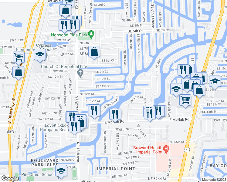 map of restaurants, bars, coffee shops, grocery stores, and more near 330 Southeast 11th Street in Pompano Beach