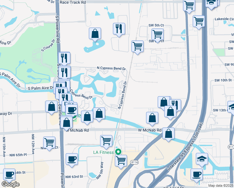 map of restaurants, bars, coffee shops, grocery stores, and more near 2108 South Cypress Bend Drive in Pompano Beach