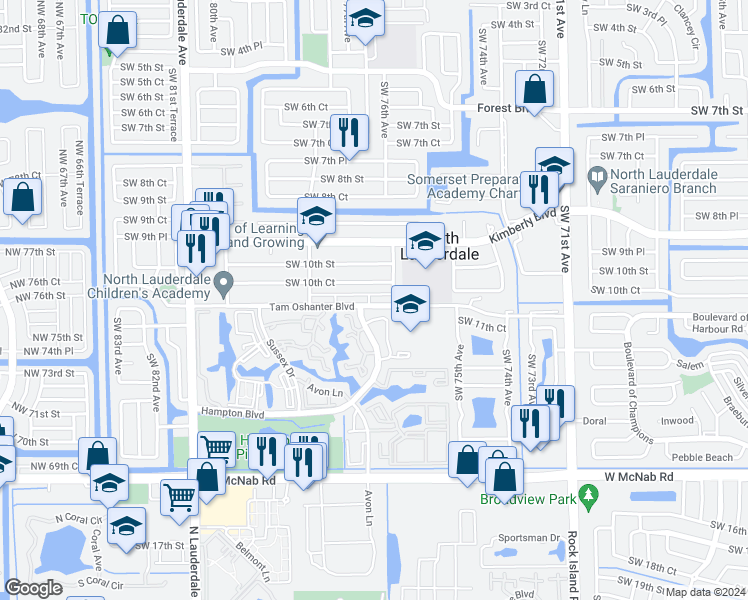 map of restaurants, bars, coffee shops, grocery stores, and more near 7630 Southwest 10th Court in North Lauderdale