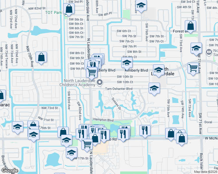 map of restaurants, bars, coffee shops, grocery stores, and more near 7900 Southwest 10th Court in North Lauderdale