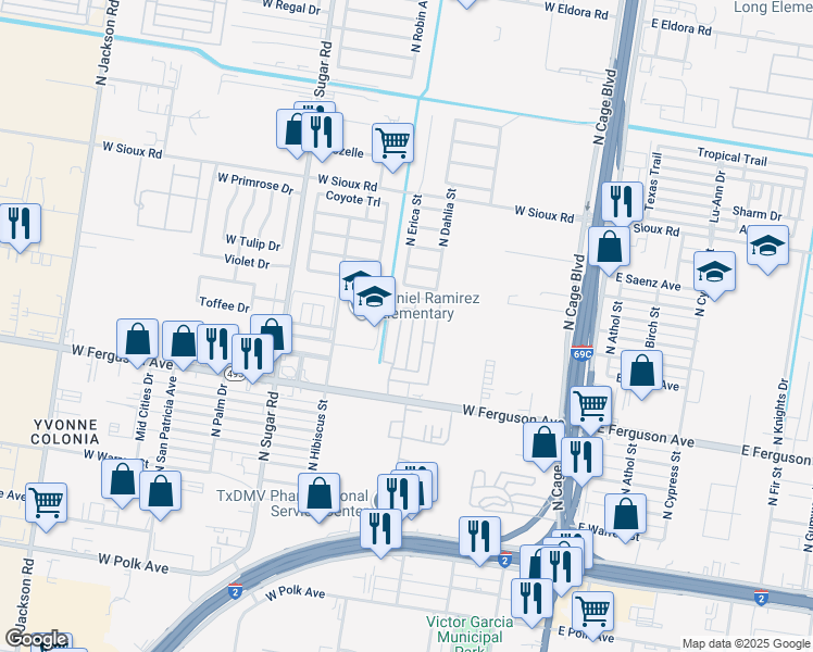 map of restaurants, bars, coffee shops, grocery stores, and more near 2221 North Erica Street in Pharr