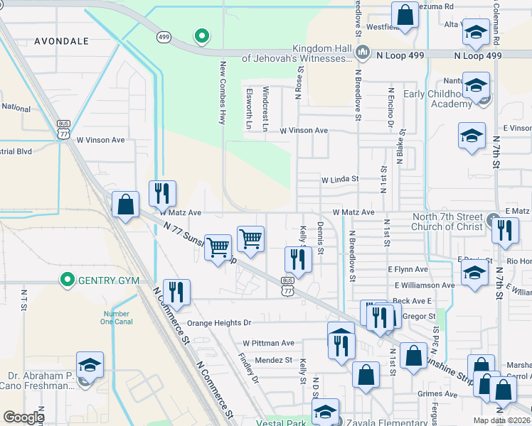 map of restaurants, bars, coffee shops, grocery stores, and more near 704 West Matz Avenue in Harlingen