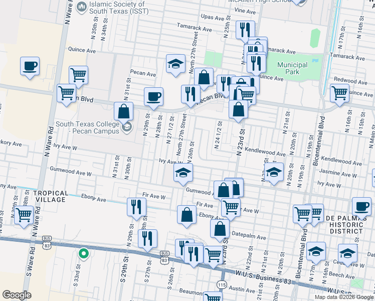 map of restaurants, bars, coffee shops, grocery stores, and more near 1008 North 27th Street in McAllen