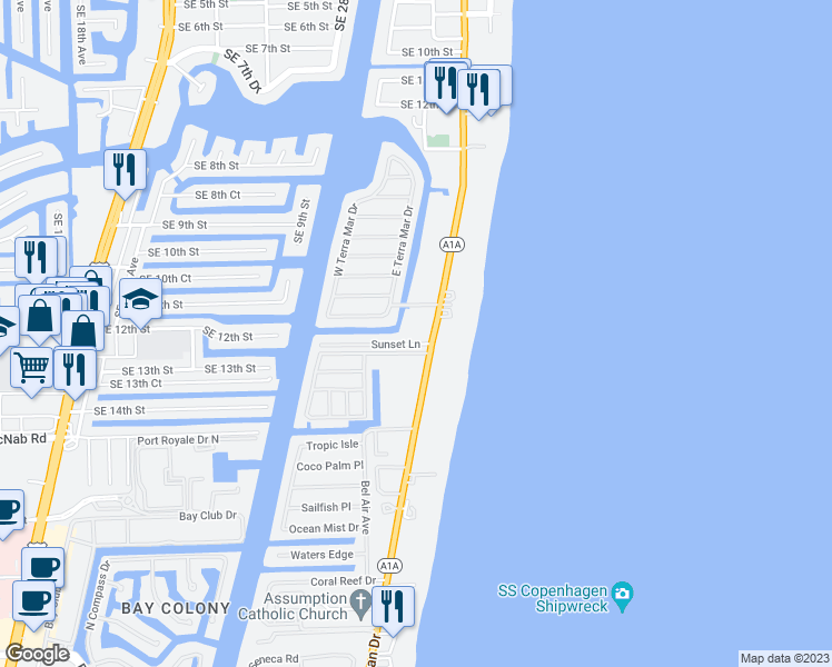 map of restaurants, bars, coffee shops, grocery stores, and more near in Lauderdale-by-the-Sea