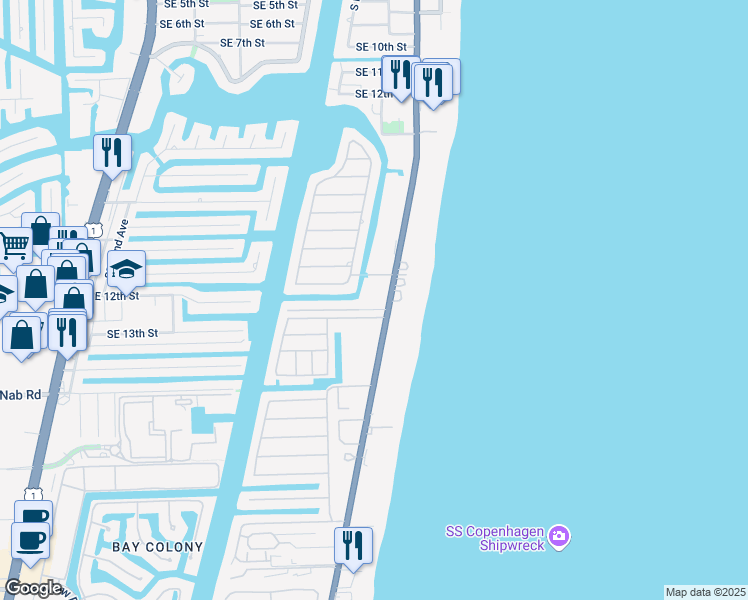 map of restaurants, bars, coffee shops, grocery stores, and more near 1421 South Ocean Boulevard in Pompano Beach