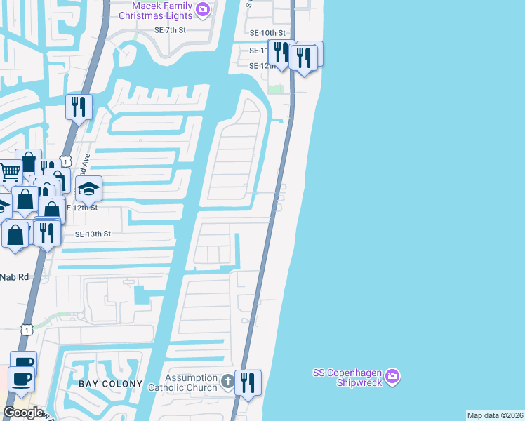 map of restaurants, bars, coffee shops, grocery stores, and more near 1421 South Ocean Boulevard in Pompano Beach