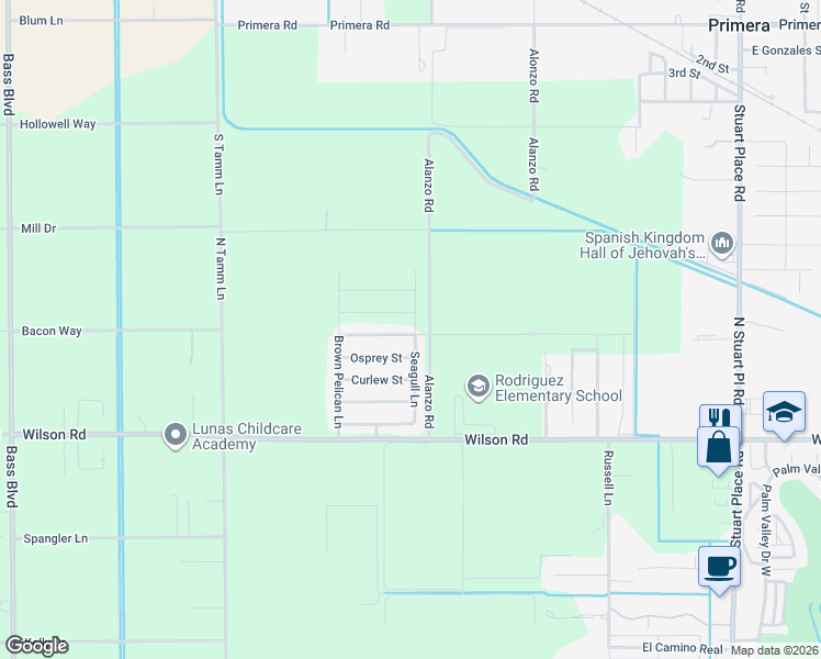 map of restaurants, bars, coffee shops, grocery stores, and more near 15751 Pink Flamingo in Harlingen