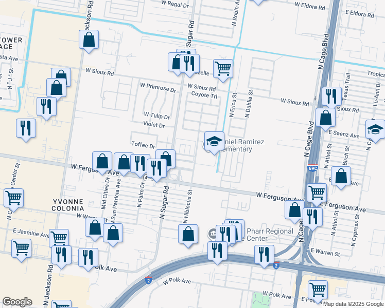 map of restaurants, bars, coffee shops, grocery stores, and more near 2100 North Paradise Drive in Pharr