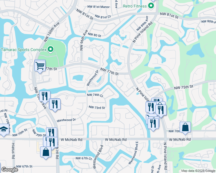 map of restaurants, bars, coffee shops, grocery stores, and more near 9403 Northwest 74th Place in Tamarac