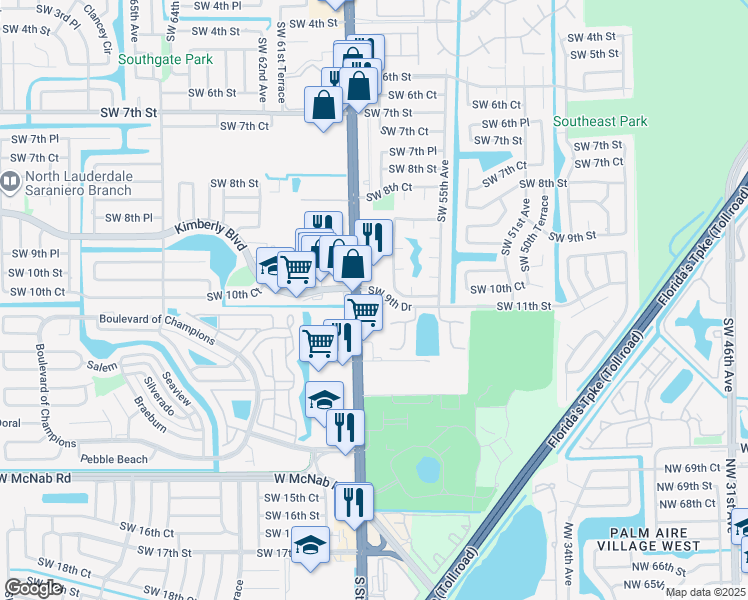 map of restaurants, bars, coffee shops, grocery stores, and more near 1100 South State Road 7 in Margate