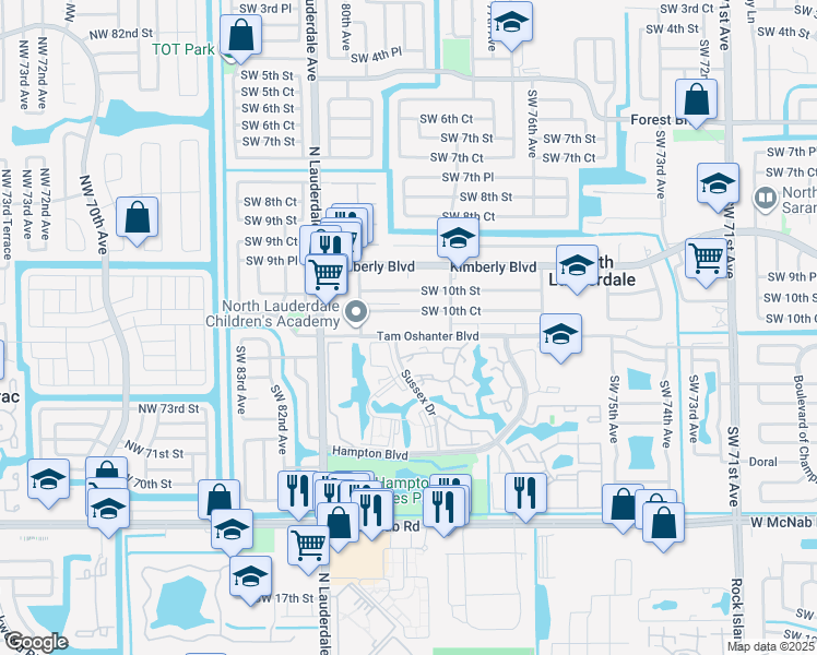 map of restaurants, bars, coffee shops, grocery stores, and more near 7900 Southwest 10th Court in North Lauderdale