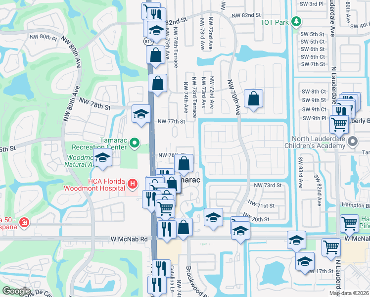 map of restaurants, bars, coffee shops, grocery stores, and more near 7409 Northwest 76th Court in Tamarac