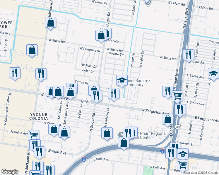 map of restaurants, bars, coffee shops, grocery stores, and more near 2103 North Paradise Drive in Pharr