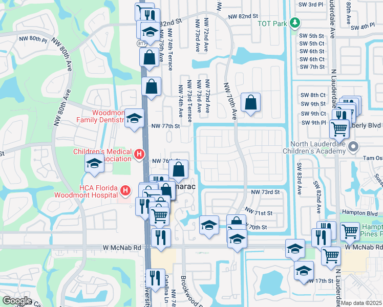 map of restaurants, bars, coffee shops, grocery stores, and more near 7620 Northwest 73rd Terrace in Tamarac
