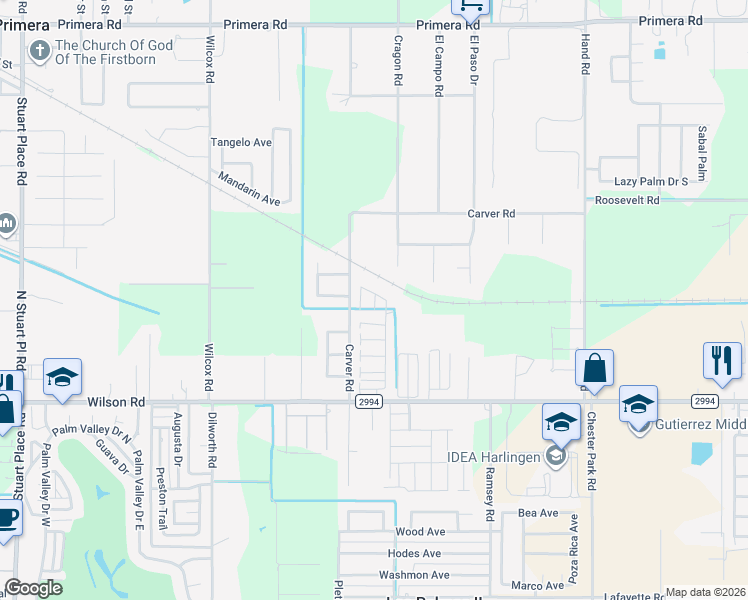 map of restaurants, bars, coffee shops, grocery stores, and more near Oasis Square in Harlingen