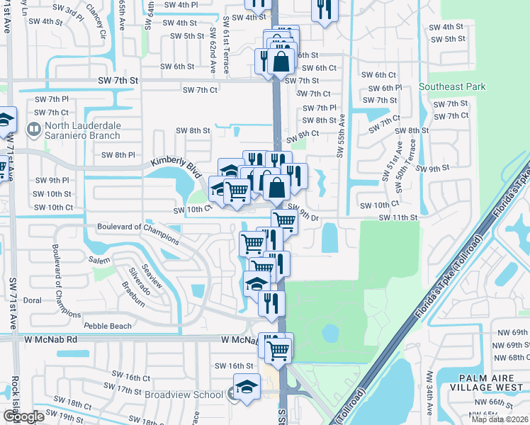 map of restaurants, bars, coffee shops, grocery stores, and more near 6000 Kimberly Boulevard in North Lauderdale