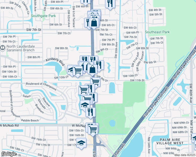 map of restaurants, bars, coffee shops, grocery stores, and more near 1100 South State Road 7 in Margate