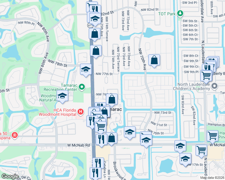 map of restaurants, bars, coffee shops, grocery stores, and more near 7409 Northwest 76th Court in Tamarac