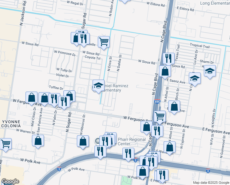 map of restaurants, bars, coffee shops, grocery stores, and more near 2300 North Dahlia Street in Pharr
