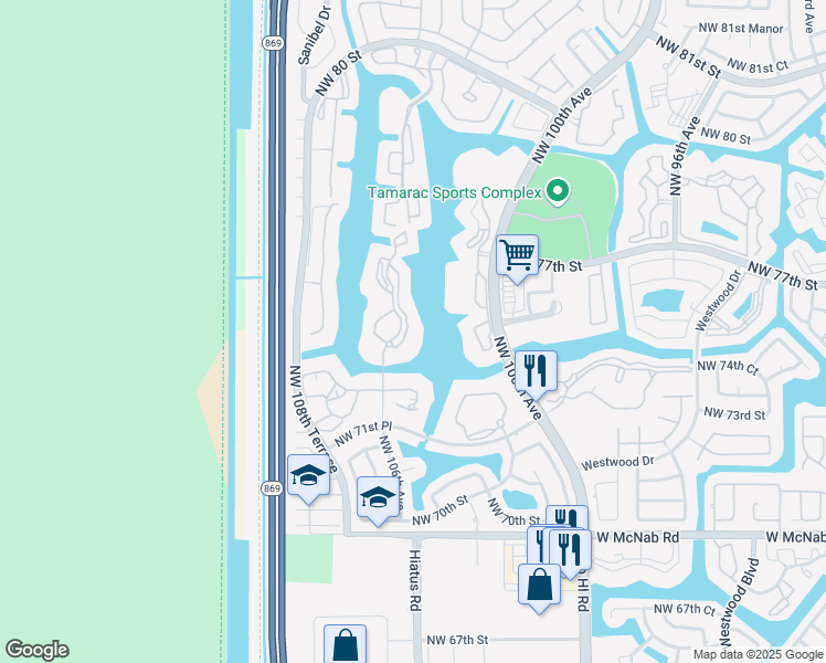 map of restaurants, bars, coffee shops, grocery stores, and more near 7348 Fairfax Drive in Tamarac