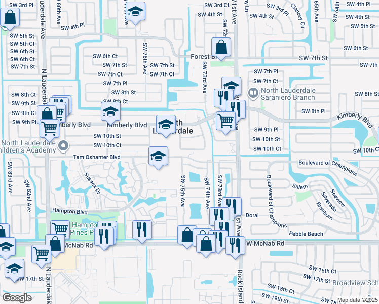 map of restaurants, bars, coffee shops, grocery stores, and more near 7471 Tam Oshanter Boulevard in North Lauderdale