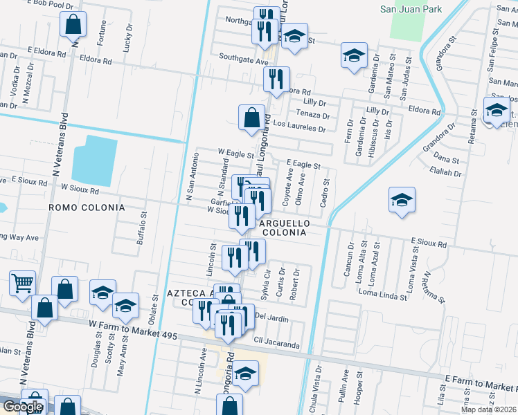 map of restaurants, bars, coffee shops, grocery stores, and more near 2103 North Raul Longoria Road in San Juan