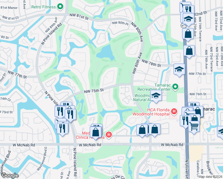 map of restaurants, bars, coffee shops, grocery stores, and more near 7410 Northwest 83rd Avenue in Tamarac