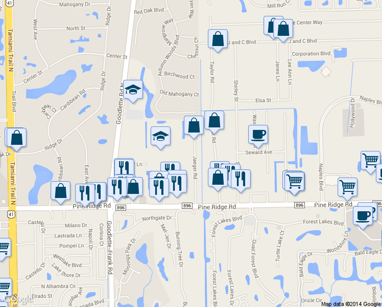 map of restaurants, bars, coffee shops, grocery stores, and more near 5435 Jaeger Road in Naples