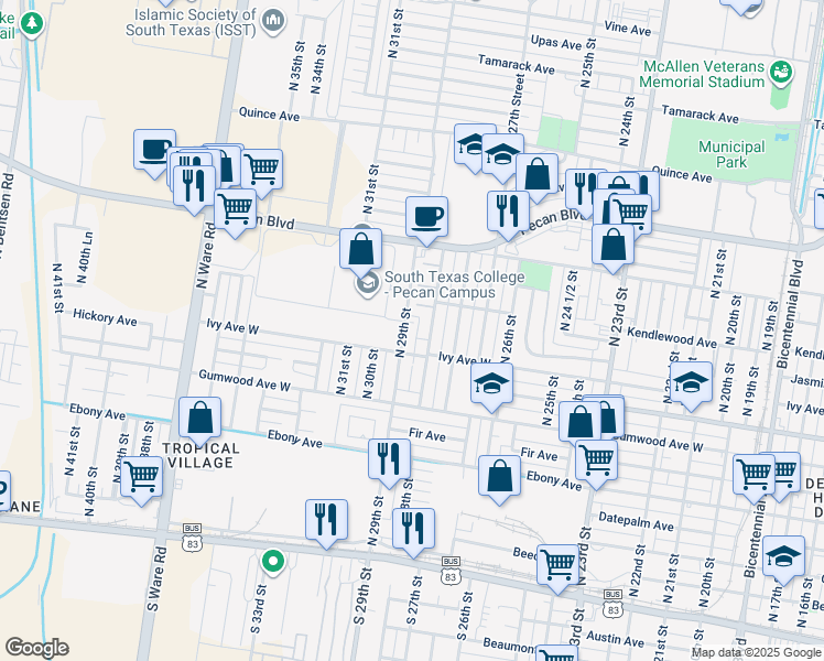 map of restaurants, bars, coffee shops, grocery stores, and more near 1000 North 29th Street in McAllen