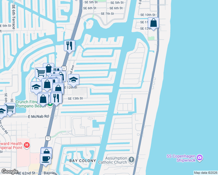 map of restaurants, bars, coffee shops, grocery stores, and more near 2573 Southeast 12th Street in Pompano Beach